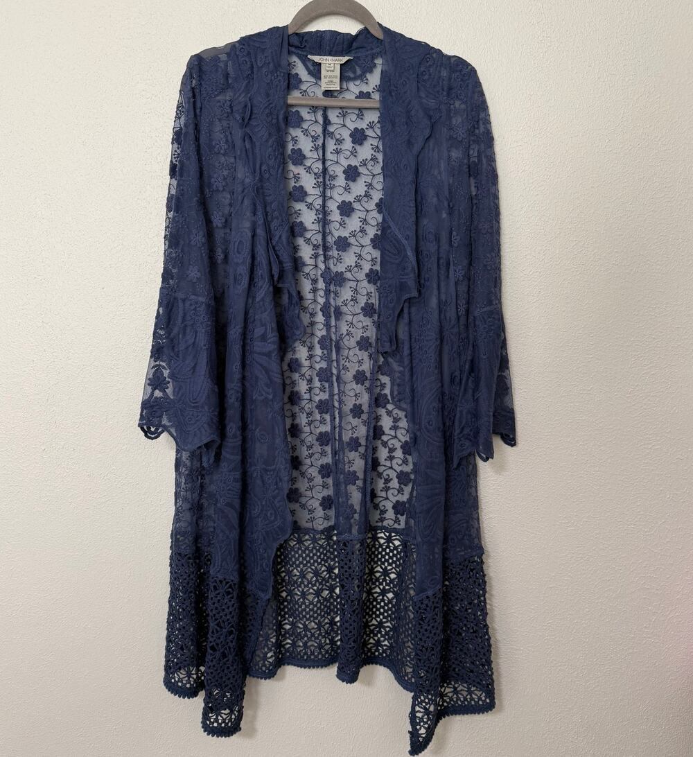 John Mark Floral Mesh Embroidered Crochet Lace Duster Cardigan Size Medium